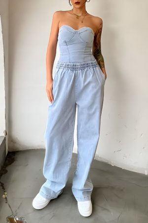 Stylish Work Outfits, Outfit Summer Ideas Denim Top & Pants Two Piece Set