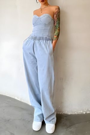 Stylish Work Outfits, Outfit Summer Ideas Denim Top & Pants Two Piece Set