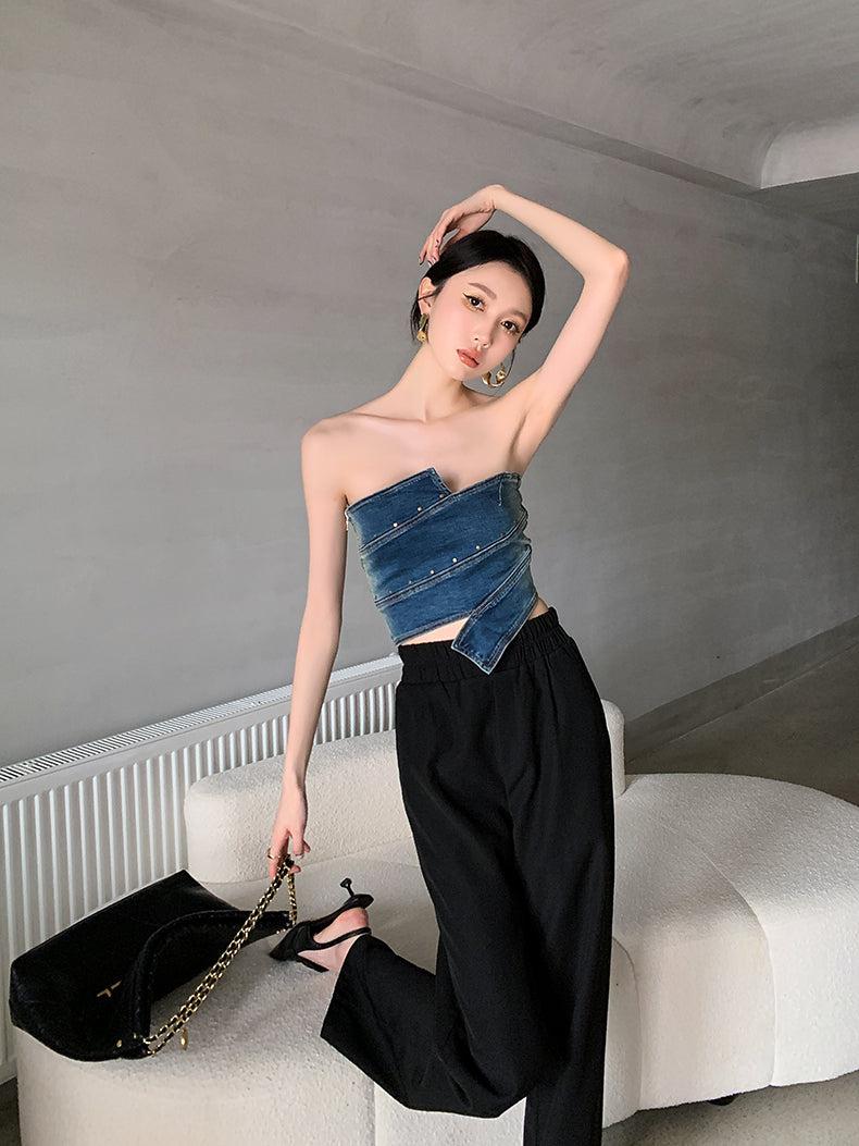 Stylish Work Outfits, Outfit Summer Ideas Denim Tube Top Stylish Work Outfits, Outfit Summer Ideas Denim Tube Top