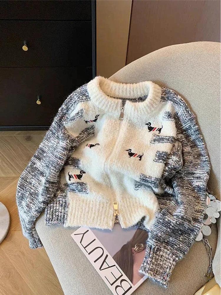 Stylish Work Outfits, Outfit Summer Ideas Dog Embroidered Double Zip-Up Knitted Cardigan