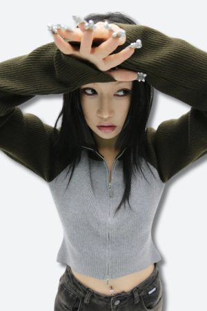 Stylish Work Outfits, Outfit Summer Ideas Double Zip-Up Ribbed Cardigan