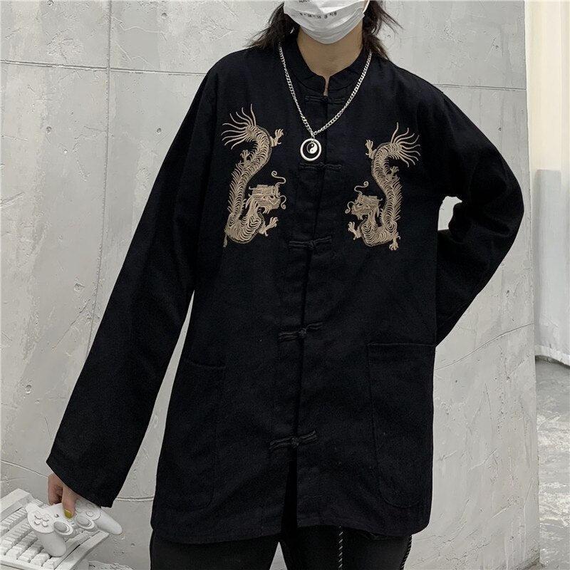 Stylish Work Outfits, Outfit Summer Ideas Dragon Embroidery Mandarin Collar Shirt Stylish Work Outfits, Outfit Summer Ideas Dragon Embroidery Mandarin Collar Shirt