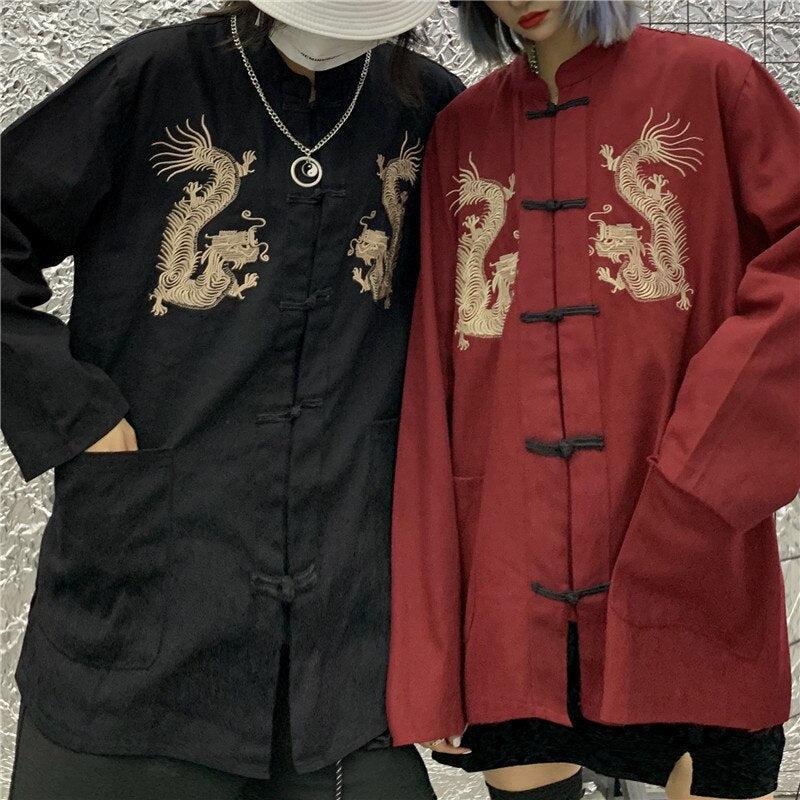 Stylish Work Outfits, Outfit Summer Ideas Dragon Embroidery Mandarin Collar Shirt Stylish Work Outfits, Outfit Summer Ideas Dragon Embroidery Mandarin Collar Shirt