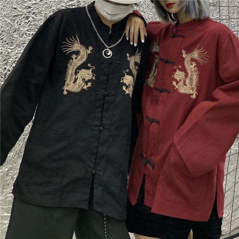 Stylish Work Outfits, Outfit Summer Ideas Dragon Embroidery Mandarin Collar Shirt Stylish Work Outfits, Outfit Summer Ideas Dragon Embroidery Mandarin Collar Shirt