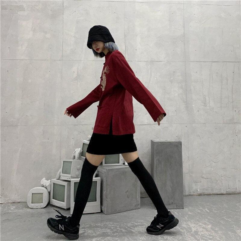Stylish Work Outfits, Outfit Summer Ideas Dragon Embroidery Mandarin Collar Shirt Stylish Work Outfits, Outfit Summer Ideas Dragon Embroidery Mandarin Collar Shirt