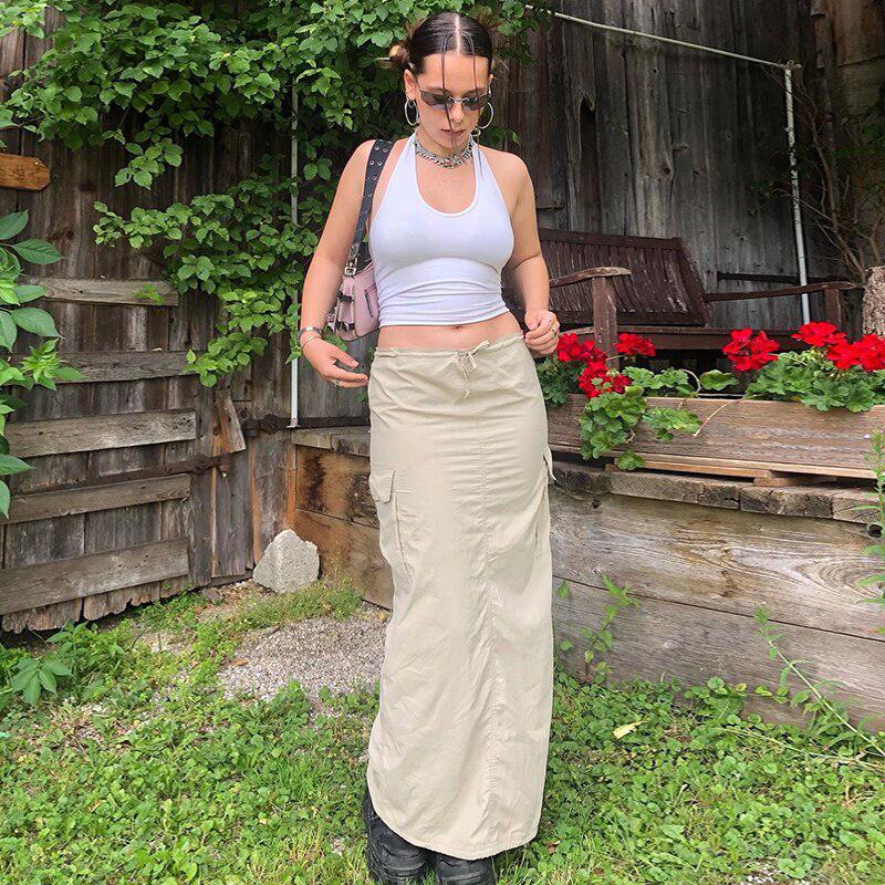 Stylish Work Outfits, Outfit Summer Ideas Drawstring Parachute Maxi Skirt