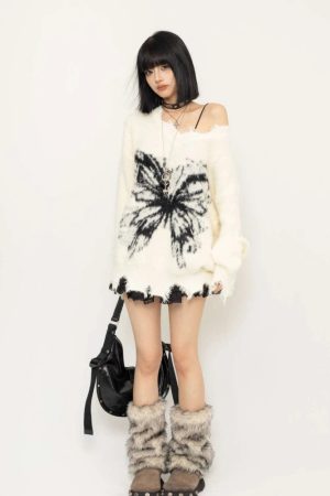 Stylish Work Outfits, Outfit Summer Ideas Fairy Grunge Butterfly Fluffy Sweater