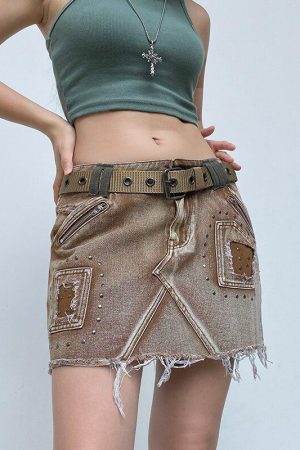 Stylish Work Outfits, Outfit Summer Ideas Fairy Grunge Distressed Patchwork Mini Skirt