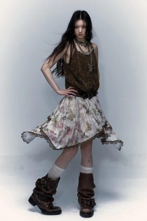 Stylish Work Outfits, Outfit Summer Ideas Fairy Grunge Floral Asymmetric Midi Skirt