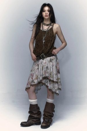 Stylish Work Outfits, Outfit Summer Ideas Fairy Grunge Floral Asymmetric Midi Skirt