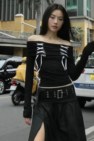 Stylish Work Outfits, Outfit Summer Ideas Fairy Grunge Off Shoulder Lace Up Top