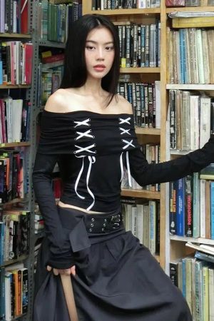 Stylish Work Outfits, Outfit Summer Ideas Fairy Grunge Off Shoulder Lace Up Top