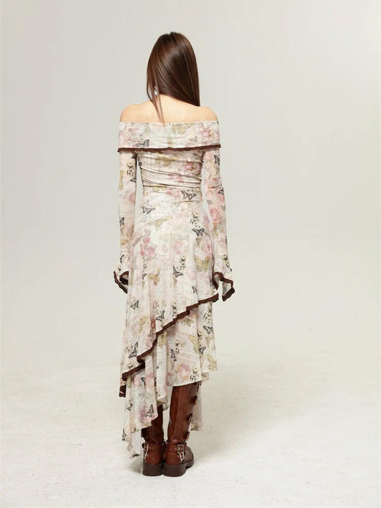 Stylish Work Outfits, Outfit Summer Ideas Fairycore Butterfly Off Shoulder Midi Dress