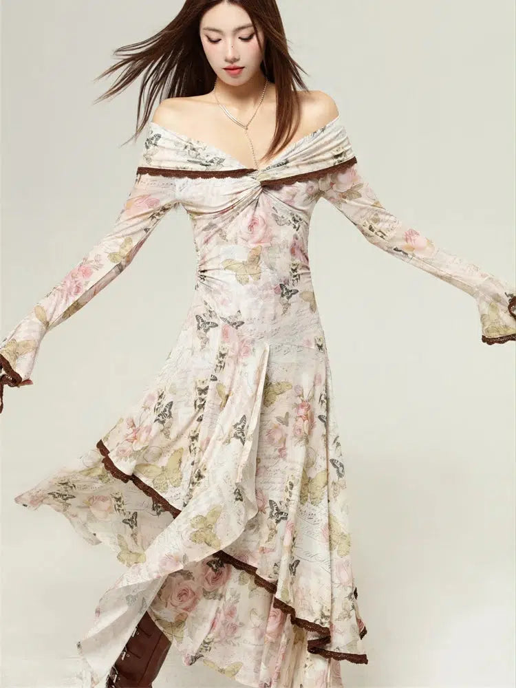 Stylish Work Outfits, Outfit Summer Ideas Fairycore Butterfly Off Shoulder Midi Dress Stylish Work Outfits, Outfit Summer Ideas Fairycore Butterfly Off Shoulder Midi Dress