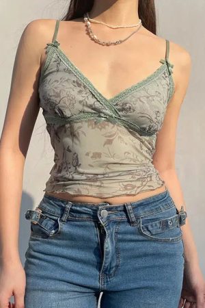Stylish Work Outfits, Outfit Summer Ideas Fairycore Floral Sheer Mesh Top