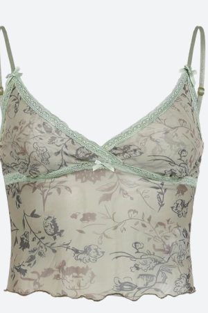 Stylish Work Outfits, Outfit Summer Ideas Fairycore Floral Sheer Mesh Top