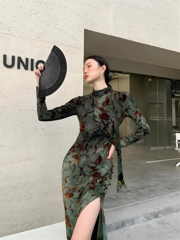 Stylish Work Outfits, Outfit Summer Ideas Fairycore Floral Slit Qipao Mini Dress