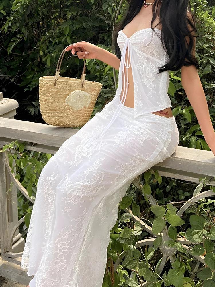Stylish Work Outfits, Outfit Summer Ideas Fairycore Lace Strapless Top & Maxi Skirt Two Piece Set Stylish Work Outfits, Outfit Summer Ideas Fairycore Lace Strapless Top & Maxi Skirt Two Piece Set