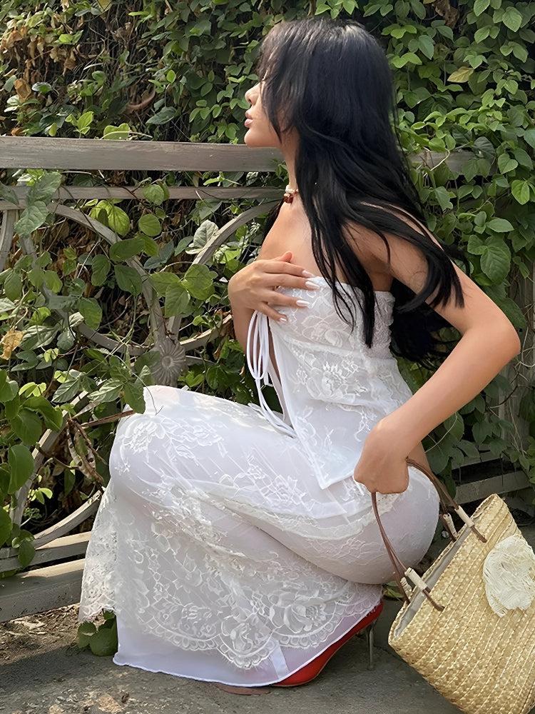 Stylish Work Outfits, Outfit Summer Ideas Fairycore Lace Strapless Top & Maxi Skirt Two Piece Set Stylish Work Outfits, Outfit Summer Ideas Fairycore Lace Strapless Top & Maxi Skirt Two Piece Set