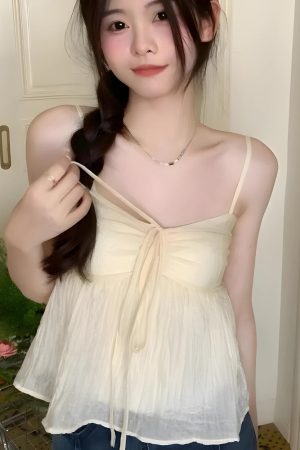 Stylish Work Outfits, Outfit Summer Ideas Fairycore Ruched Bust Lace Up Top