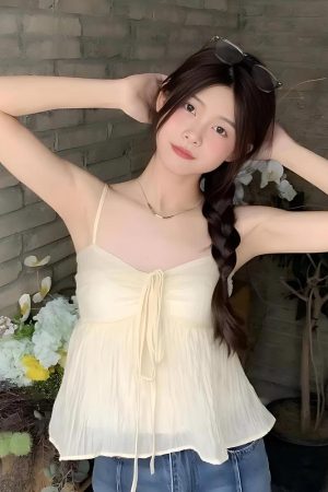 Stylish Work Outfits, Outfit Summer Ideas Fairycore Ruched Bust Lace Up Top