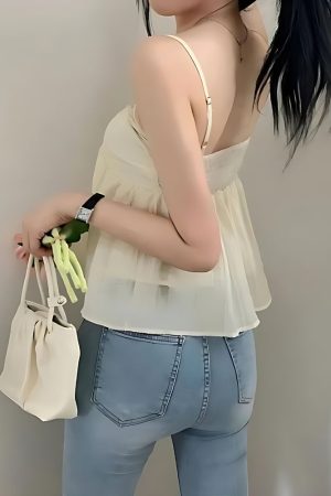 Stylish Work Outfits, Outfit Summer Ideas Fairycore Ruched Bust Lace Up Top