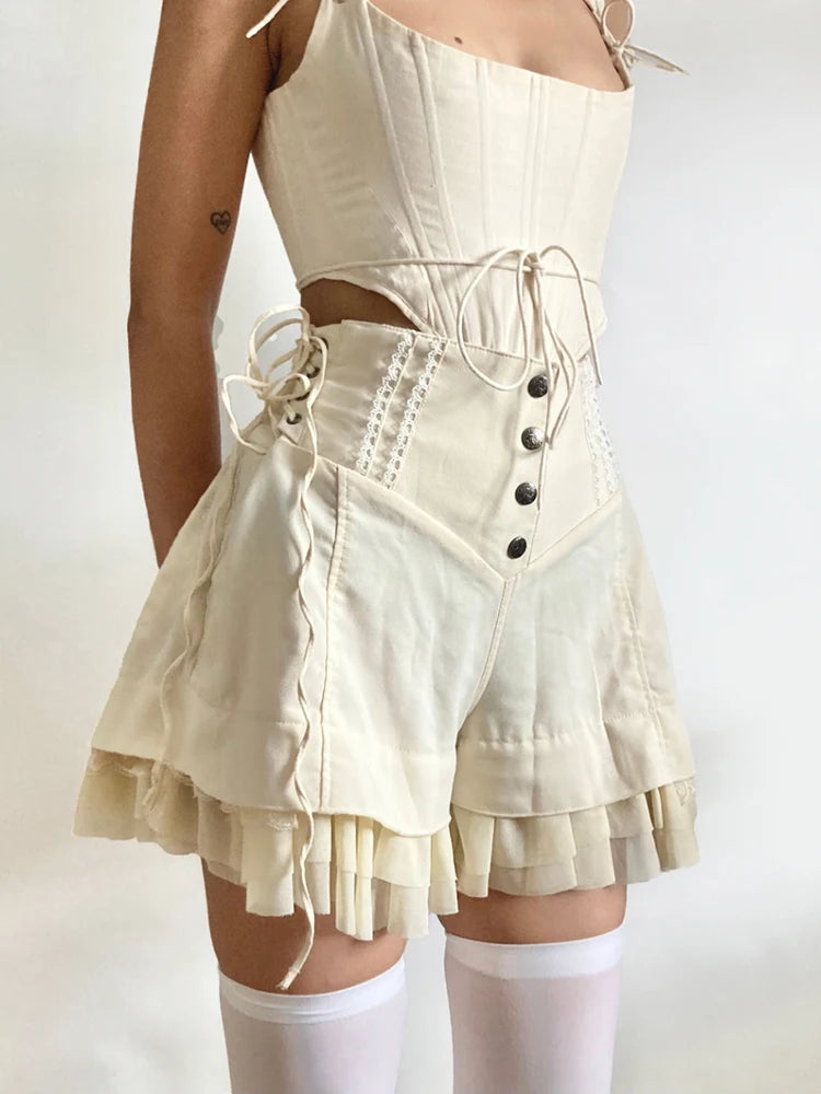 Stylish Work Outfits, Outfit Summer Ideas Fairycore Ruffled Lace Up Shorts