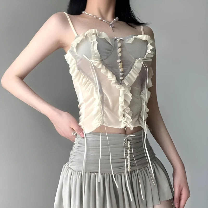 Stylish Work Outfits, Outfit Summer Ideas Fairycore Ruffled Mesh Corset Top Stylish Work Outfits, Outfit Summer Ideas Fairycore Ruffled Mesh Corset Top