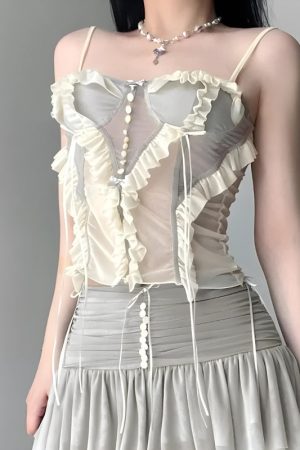 Stylish Work Outfits, Outfit Summer Ideas Fairycore Ruffled Mesh Corset Top