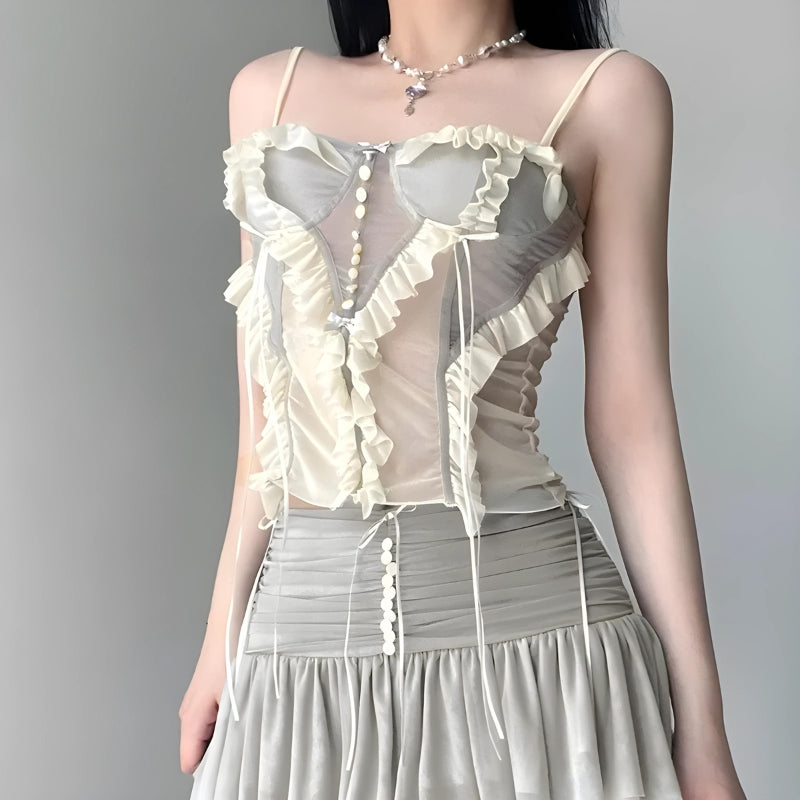 Stylish Work Outfits, Outfit Summer Ideas Fairycore Ruffled Mesh Corset Top