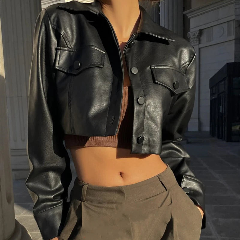 Stylish Work Outfits, Outfit Summer Ideas Faux Leather Cropped Jacket