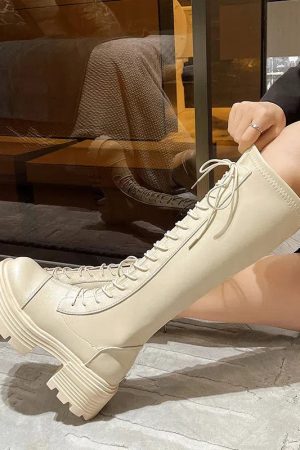 Stylish Work Outfits, Outfit Summer Ideas Faux Leather Knee High Lace Up Boots