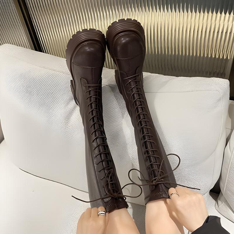 Stylish Work Outfits, Outfit Summer Ideas Faux Leather Knee High Lace Up Boots Stylish Work Outfits, Outfit Summer Ideas Faux Leather Knee High Lace Up Boots