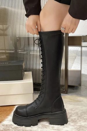 Stylish Work Outfits, Outfit Summer Ideas Faux Leather Knee High Lace Up Boots