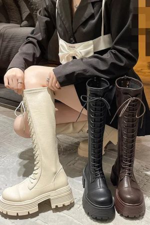 Stylish Work Outfits, Outfit Summer Ideas Faux Leather Knee High Lace Up Boots