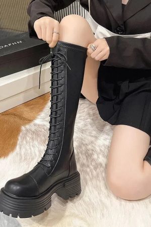Stylish Work Outfits, Outfit Summer Ideas Faux Leather Knee High Lace Up Boots