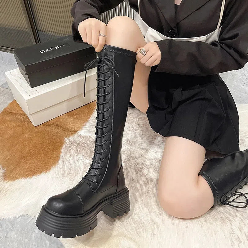 Stylish Work Outfits, Outfit Summer Ideas Faux Leather Knee High Lace Up Boots Stylish Work Outfits, Outfit Summer Ideas Faux Leather Knee High Lace Up Boots