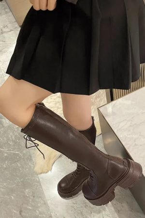 Stylish Work Outfits, Outfit Summer Ideas Faux Leather Knee High Lace Up Boots