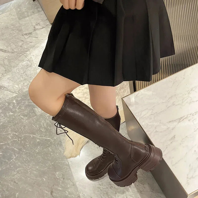 Stylish Work Outfits, Outfit Summer Ideas Faux Leather Knee High Lace Up Boots Stylish Work Outfits, Outfit Summer Ideas Faux Leather Knee High Lace Up Boots