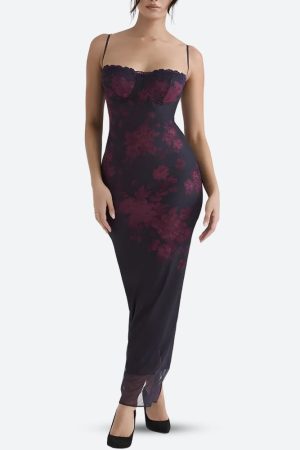 Stylish Work Outfits, Outfit Summer Ideas Floral Bodycon Lace Up Mesh Maxi Dress