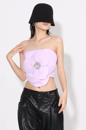 Stylish Work Outfits, Outfit Summer Ideas Flower Rhinestone Zip-Up Strapless Top