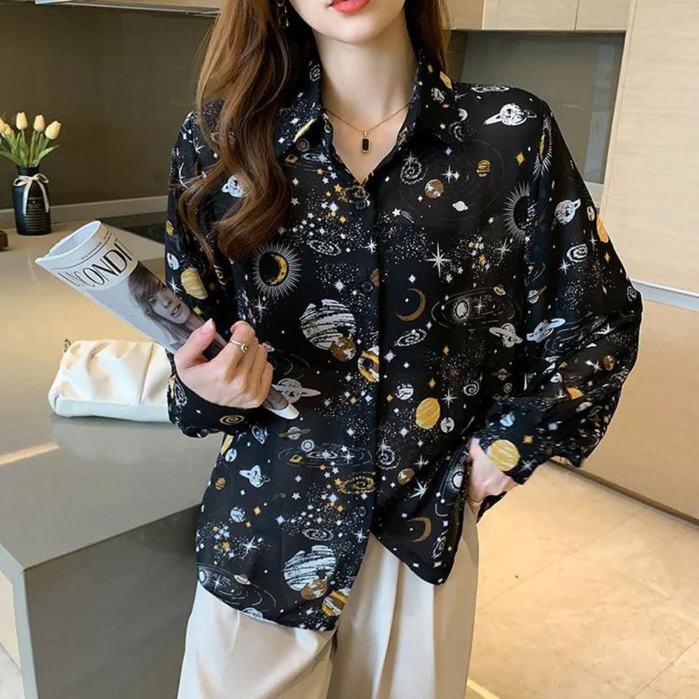 Stylish Work Outfits, Outfit Summer Ideas Galaxy Chiffon Shirt Stylish Work Outfits, Outfit Summer Ideas Galaxy Chiffon Shirt