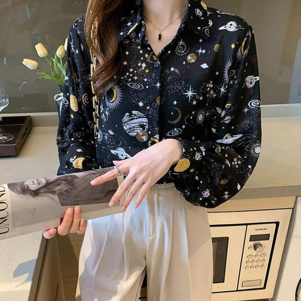 Stylish Work Outfits, Outfit Summer Ideas Galaxy Chiffon Shirt