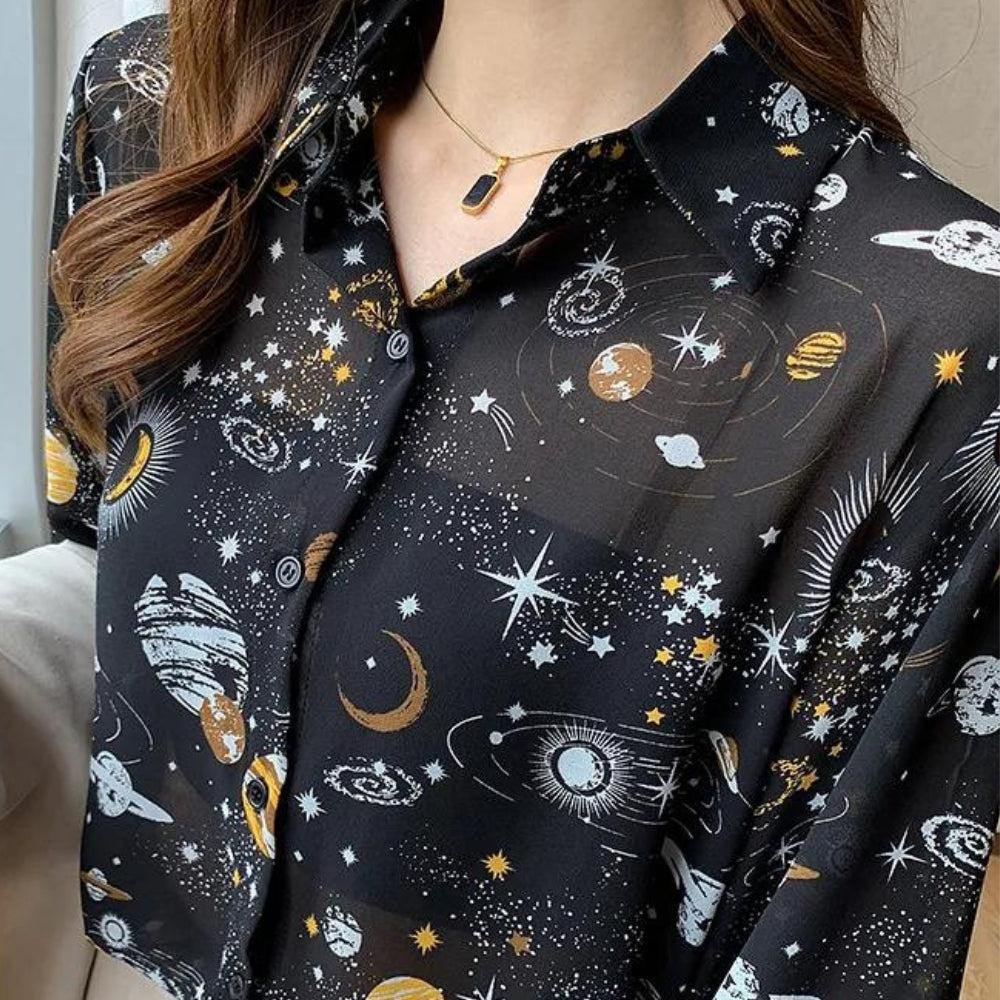 Stylish Work Outfits, Outfit Summer Ideas Galaxy Chiffon Shirt Stylish Work Outfits, Outfit Summer Ideas Galaxy Chiffon Shirt