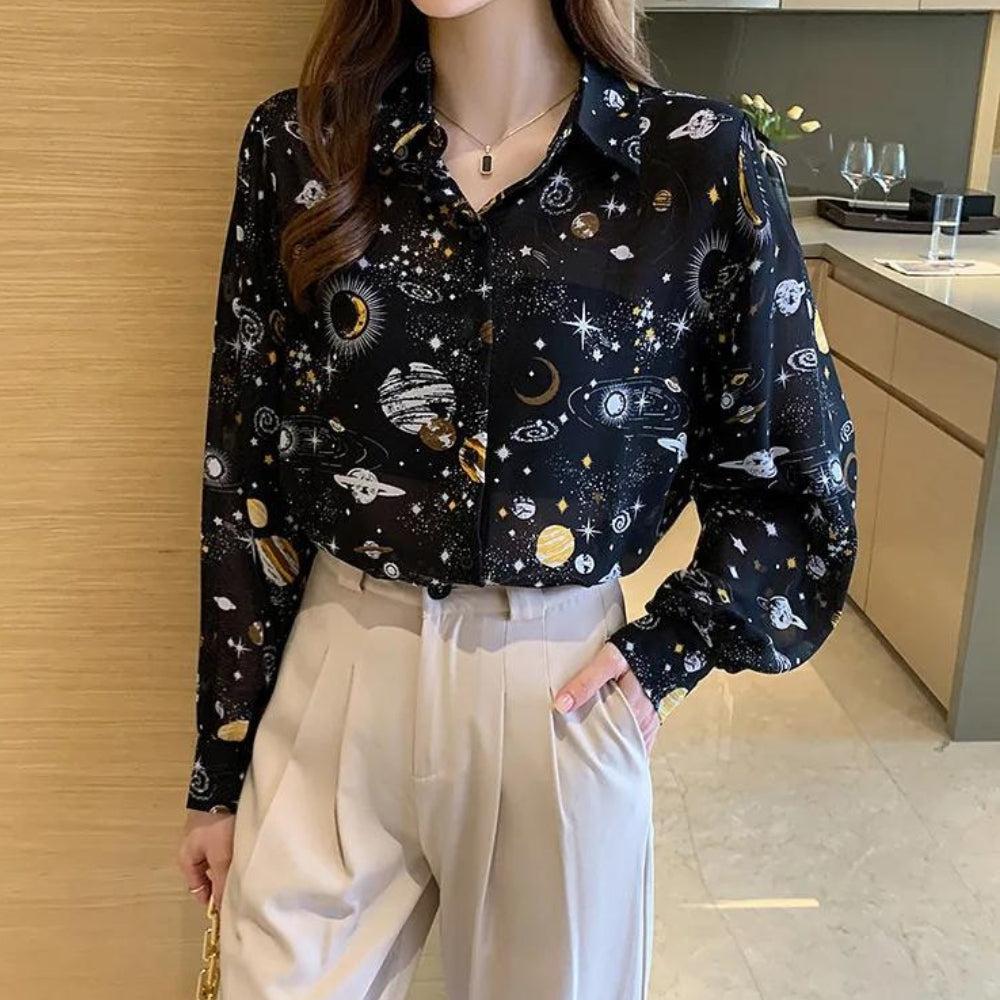 Stylish Work Outfits, Outfit Summer Ideas Galaxy Chiffon Shirt Stylish Work Outfits, Outfit Summer Ideas Galaxy Chiffon Shirt