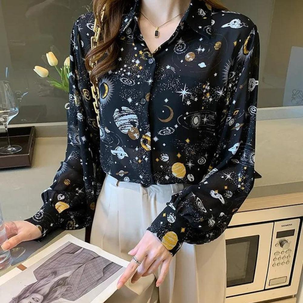 Stylish Work Outfits, Outfit Summer Ideas Galaxy Chiffon Shirt Stylish Work Outfits, Outfit Summer Ideas Galaxy Chiffon Shirt