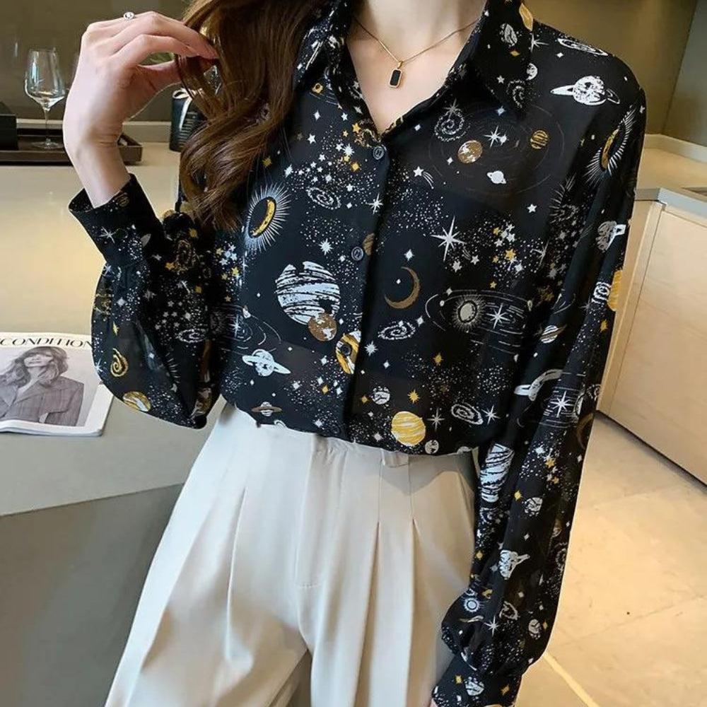Stylish Work Outfits, Outfit Summer Ideas Galaxy Chiffon Shirt Stylish Work Outfits, Outfit Summer Ideas Galaxy Chiffon Shirt