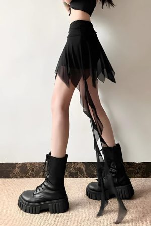 Stylish Work Outfits, Outfit Summer Ideas Goth Asymmetrical Mesh Mini Skirt
