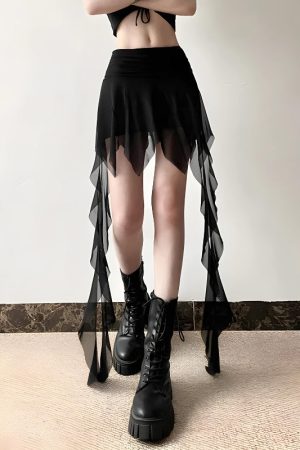 Stylish Work Outfits, Outfit Summer Ideas Goth Asymmetrical Mesh Mini Skirt