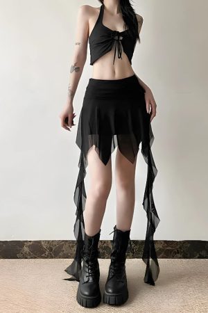 Stylish Work Outfits, Outfit Summer Ideas Goth Asymmetrical Mesh Mini Skirt
